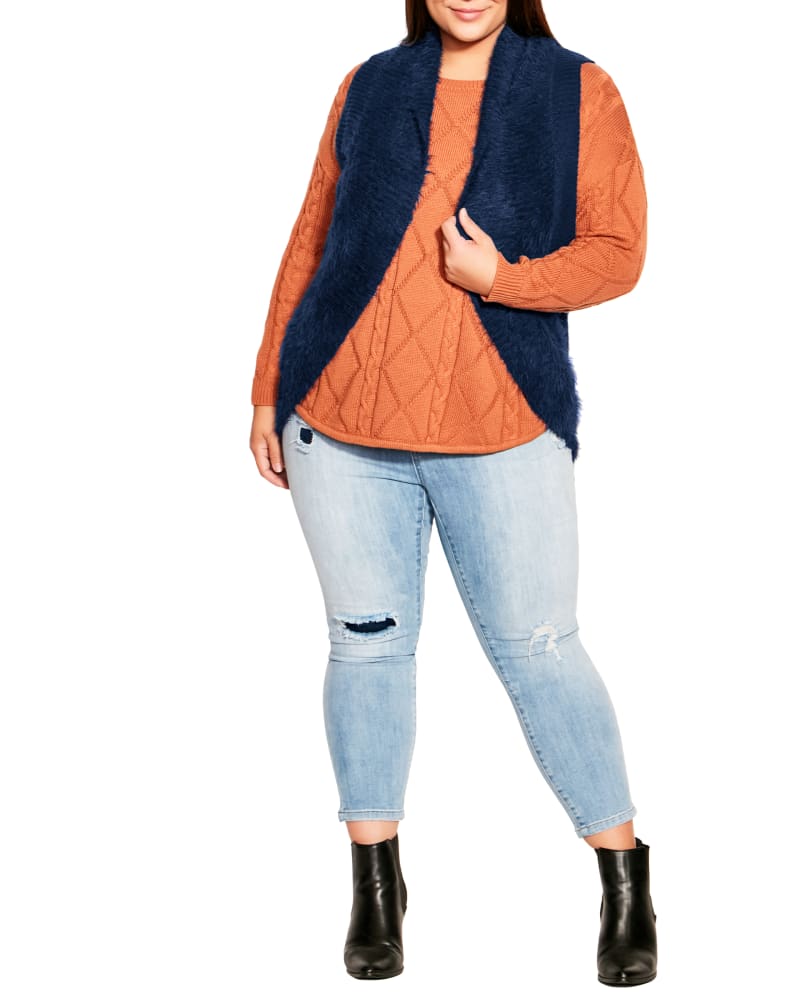 Front of a model wearing a size 14 VEST VIDA COSY in Navy by avenue. | dia_product_style_image_id:239881